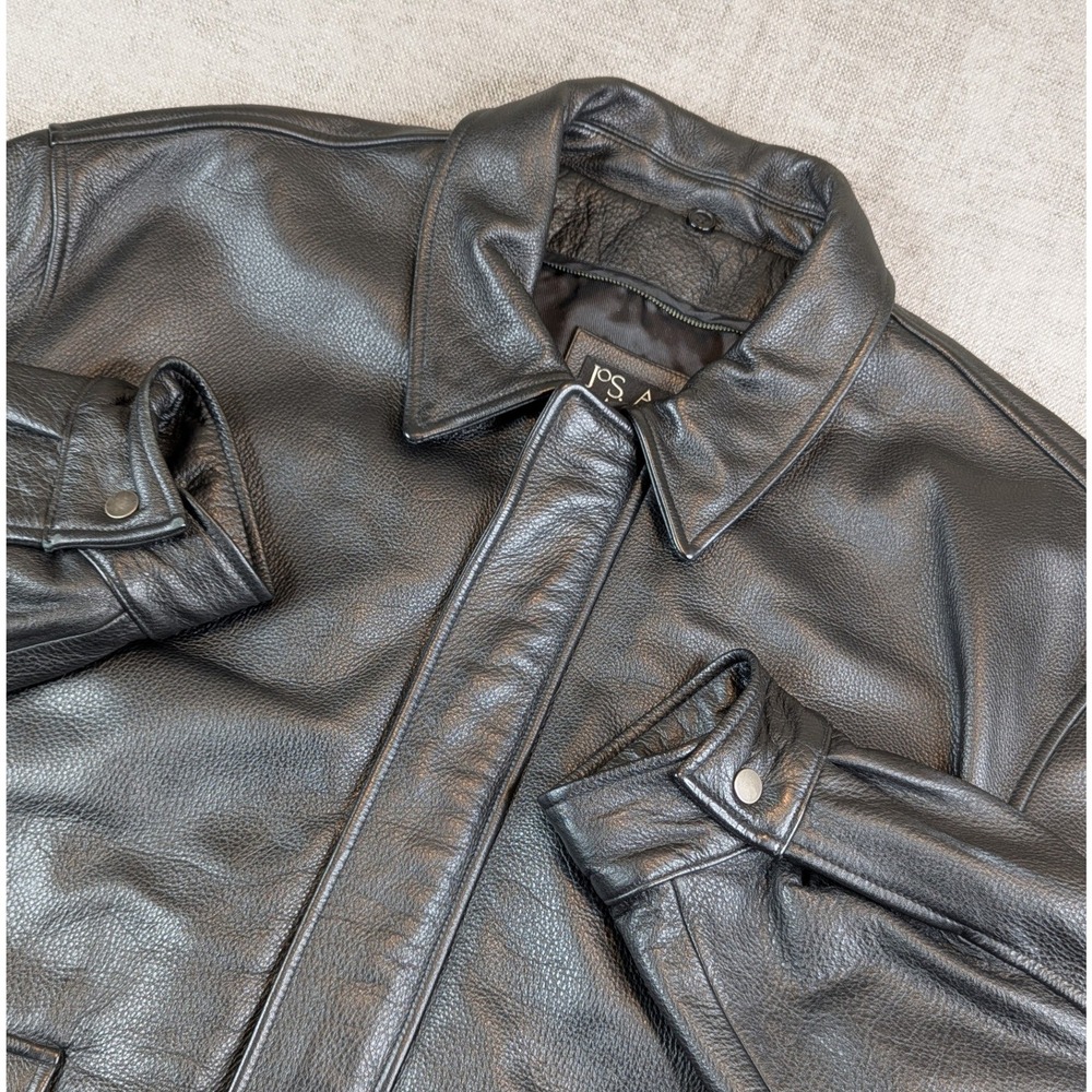 Jos A Bank Leather Bomber Jacket Mens XXL Black Full Zip Pebbled Heavy Coat